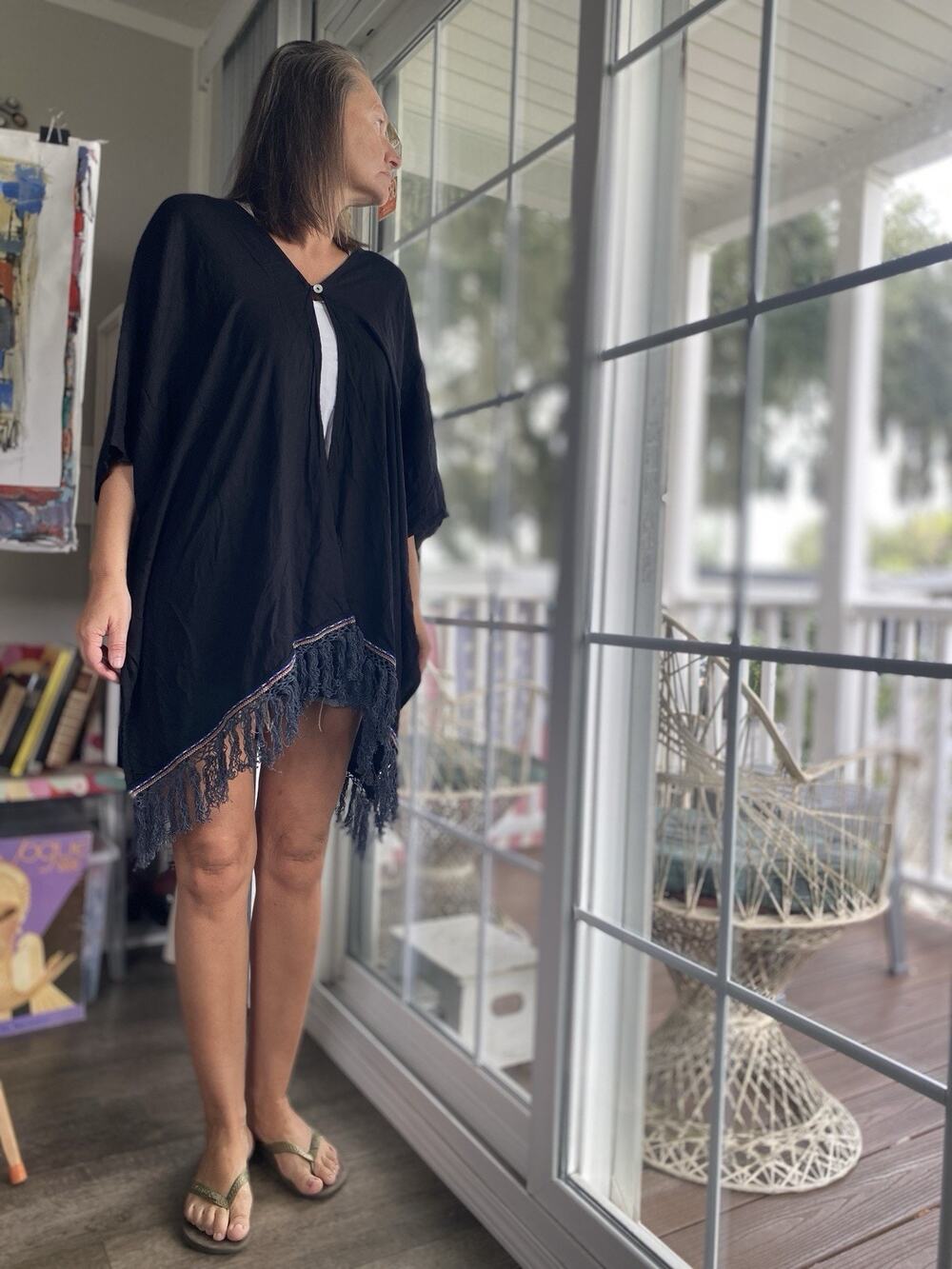 Pitusa Black Bali Fringe Kimono Beach Cover Up One Size